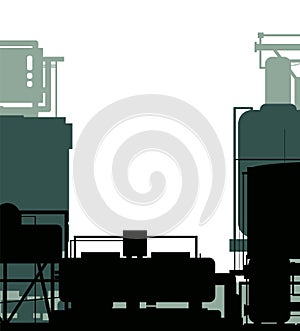 Production plant. Frame composition. Silhouette of objects. Industrial technical equipment. Factory chemical. Isolated