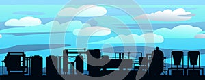 Production plant. Wind clouds. Silhouette of objects. Industrial technical equipment. Factory chemical. Seamless