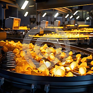 Production of potatoes chips, industrial and food concept
