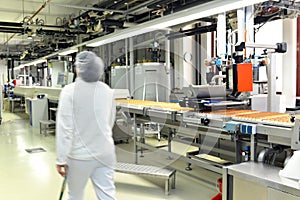 Production of pralines in a factory for the food industry - conveyor belt worker with chocolate