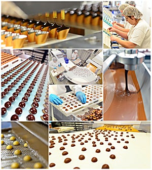 Production of pralines in a factory for the food industry - conveyor belt worker with chocolate