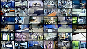 Production robots working at a modern factory. Split screen, multiscreen background.