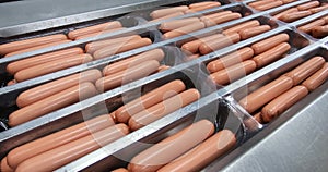 Production of sausages. Industrial meat processing plant.