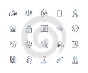 Production service line icons collection. Manufacture, Assemble, Fabricate, Build, Create, Develop, Produce vector and