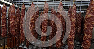 Production of smoked and dried sausages .Industrial meat processing plant.