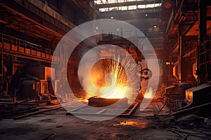 Production of steel and heavy metals in electric furnace in production. Generative ai image.