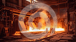 Production of steel and heavy metals in electric furnace in production. Generative ai image.