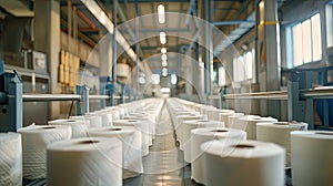 Production of Toilet paper in factory. Toilet paper rolls making machine. Tissue and Kitchen Towels Machine. Long conveyor with