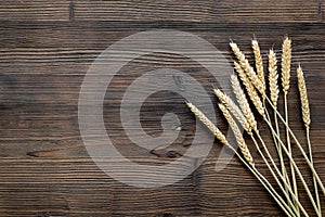 Production of wheat and rye flour from ear on wooden desk background top view mock up