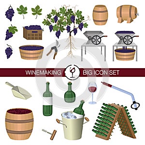Production of wine, winemaking, winery. Big set of isolated cartoon vector icons