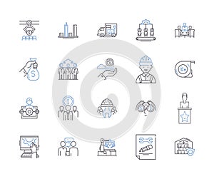 Production workflow outline icons collection. Manufacture, Process, Logistics, Assembly, Management, Planning