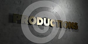 Productions - Gold text on black background - 3D rendered royalty free stock picture
