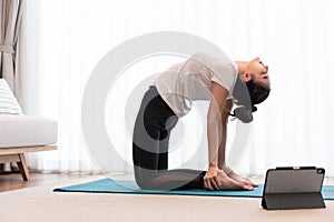 Productive activity concept a female young adult practicing the flexibility of her body by doing mat pilates exercise