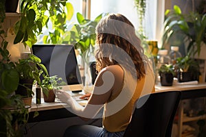 Productive ambiance Woman at home workspace with green houseplants