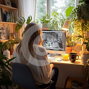 Productive ambiance Woman at home workspace with green houseplants