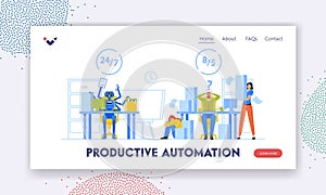 Productive Automation Landing Page Template. Intelligent System against Manual Labor. Office Characters Compete with Ai