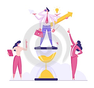 Productive Businessman Character with Six Hands Doing Several Actions Standing on Hourglass, Time Management