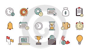 Productive management icon. Business productivity remind services save time employees forecast vector linear symbols