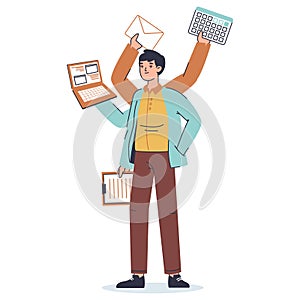Productive multitasking businessman. Busy office worker with many hands flat vector illustration on white background. Multitasking