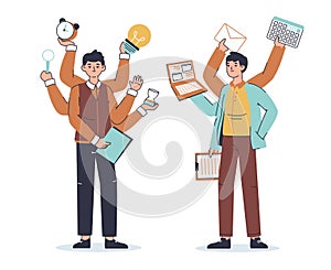 Productive, multitasking office workers with many hands. Successful business people doing many things simultaneously flat vector