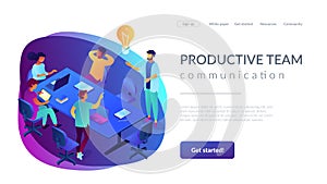 Productive team communication isometric 3D landing page.