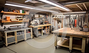 A Productive Workshop Filled With Tools and Workbenches