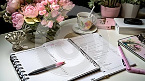 Productive Workspace with Business Tools, Flowers and Coffee
