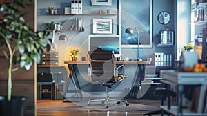 Productive workspace with ergonomic chair, sleek desk, and high-tech gear in 3D home office. 3d background room