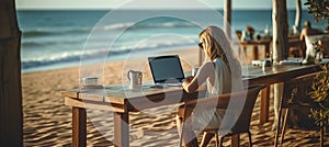 Productive young woman freelancer working remotely on a beautiful beach with laptop computer