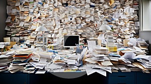 Productivity Hindering Office Desk with Disorganized Paper Stacks and File Folders in Chaos.