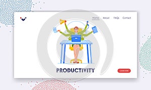 Productivity Landing Page Template. Worker Multitasking Skills, Time Management, Business Woman With Many Arms Work