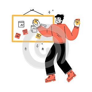 Productivity with Man Character Sticking Task on Kanban Board Vector Illustration