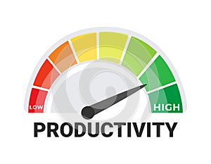 Productivity Meter Vector Illustration with Low to High Scale, Efficiency and Work Performance Concept
