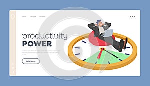 Productivity Power Landing Page Template. Efficient Time Management. Relaxed Man Lying On Giant Clock With Laptop