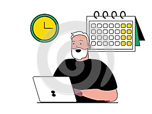 Productivity workplace concept with character situation. Man plans daily tasks on calendar and working effectively until deadline