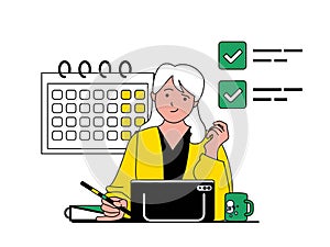 Productivity workplace concept with character situation. Woman plans tasks on calendar and successfully completes tasks before