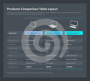 Products comparison table layout with place for description - dark version