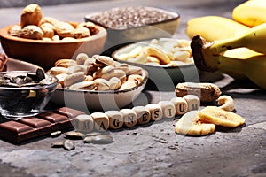Products containing magnesium: bananas, pumpkin seeds, cashew nu photo