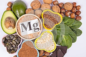 Products containing magnesium. Healthy food. White background.