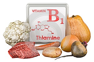 Products containing vitamins B1, Thiamin. 3D rendering