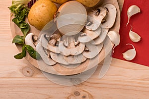 Products for cooking, mushrooms, potatoes, onions, garlic, herbs