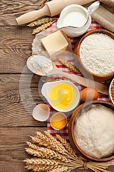 Products for cooking, still life with flour, milk, egg and wheat