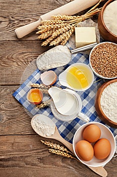 Products for cooking, still life with flour, milk, egg and wheat