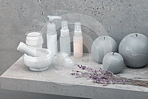 Products and creams for skin care and spa treatments with incense standing on a shelf on a marble background