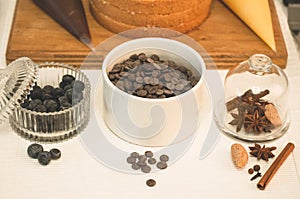 Products for desserts, chocolate fondant. Ingredients for cooking flour products or dessert