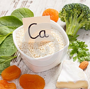 Products and ingredients containing calcium and dietary fiber, healthy nutrition concept