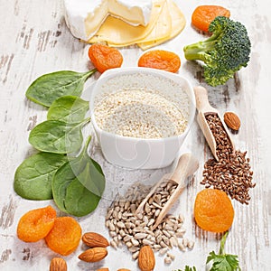 Products and ingredients containing calcium and dietary fiber, healthy nutrition