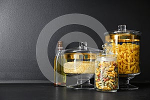 Products in modern kitchen glass containers on table