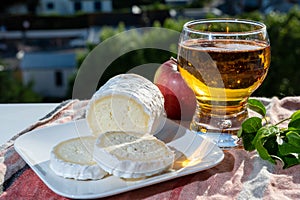 Products of Normandy, cow neufchatel lait cru cheese and glass of apple cider drink with houses of Etretat village on background,