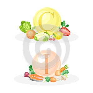 Products ontaining Vitamin C and Iodine with Fruit, Vegetables, Fish and Eggs Vector Composition Set